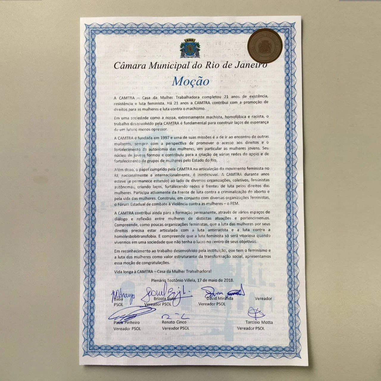 Leia mais sobre o artigo Câmara Municipal do Rio de Janeiro reconhece o trabalho da CAMTRA