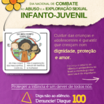 Card com fundo bege e roxo, no topo à esquerda, há uma flor amarela com miolo laranja, símbolo da campanha “Faça Bonito”. Seguida do texto: “18 de maio DIA NACIONAL DE COMBATE AO ABUSO E À EXPLORAÇÃO SEXUAL INFANTO-JUVENIL. DO MEU CORPO CUIDO EU! Do meu corpo, dos meus sonhos, cuido eu. Não à exploração sexual de meninas e mulheres! Cuidar das crianças e adolescentes é garantir que cresçam com dignidade, proteção e amor. Conheça o cenário da infância e adolescência no Brasil e entenda por que essa luta é tão importante. Proteger a infância é um dever de todos nós. Diga não ao silêncio. Denuncie! Disque 100. No rodapé, em uma faixa clara, está o logotipo da Camtra com a frase: “28 anos na luta pelos direitos das meninas e das mulheres!”, seguida dos ícones das redes sociais e a página na internet da organização.