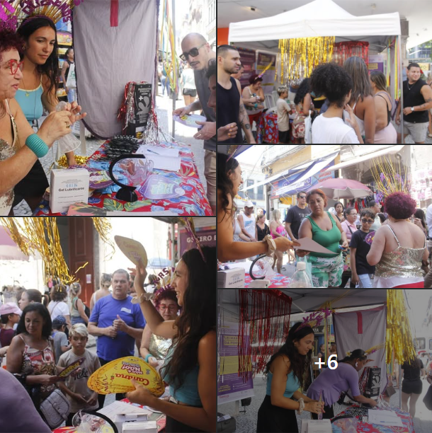 Grupo de fotos da barraca da camtra na Saara com dezenas de mulheres sendo atendidas e a equipe Camtra com adereços de carnaval