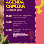 Uma imagem de fundo colorido salmão, um retalho de juta, uma folha de papel roxa com lista das datas e atividades