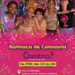 Card em fundo rosa texturizado com confetes de carnaval. No topo card está uma foto com 5 mulheres usando acessórios de carnaval na Barraca de Direitos da Camtra na Saara. Embaixo da foto estão os dizeres “Barraca de Carnaval – Camtra (Casa da Mulher Trabalhadora). Dia 27 de fevereiro, das 11h às 14h, na Rua da Alfândega, esquina com a Avenida Passos, 91 (Saara).Na parte inferior do card, há uma barra branca com o logotipo da Camtra, os ícones das redes sociais e a página na internet da organização.