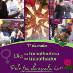 Card com fundo lilás e detalhes com folhagens, com a frase central escrita em destaque: “1º de maio - Dia da trabalhadora e do trabalhador - Pelo fim da escala 6x1!”. O layout é composto por uma colagem de fotos de ações da Camtra com mulheres. No rodapé, em uma faixa clara, está o logotipo da Camtra com a frase: “28 anos na luta pelos direitos das meninas e das mulheres!”, seguida dos ícones das redes sociais e a página na internet da organização.