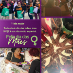 Card com fundo lilás e detalhes com folhagens, com a frase central escrita em destaque: “11 de maio – Todo dia é dia das mães, mas hoje é um dia muito especial. Feliz Dia das Mães!”. O layout é composto por uma colagem de fotos de ações da Camtra com mulheres. No rodapé, em uma faixa clara, está o logotipo da Camtra com a frase: “28 anos na luta pelos direitos das meninas e das mulheres!”, seguida dos ícones das redes sociais e a página na internet da organização.