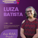 Card fundo roxo escuro e bandeira Solidariedade Feminista. nome Luiza Batista em grandes letras liláses.